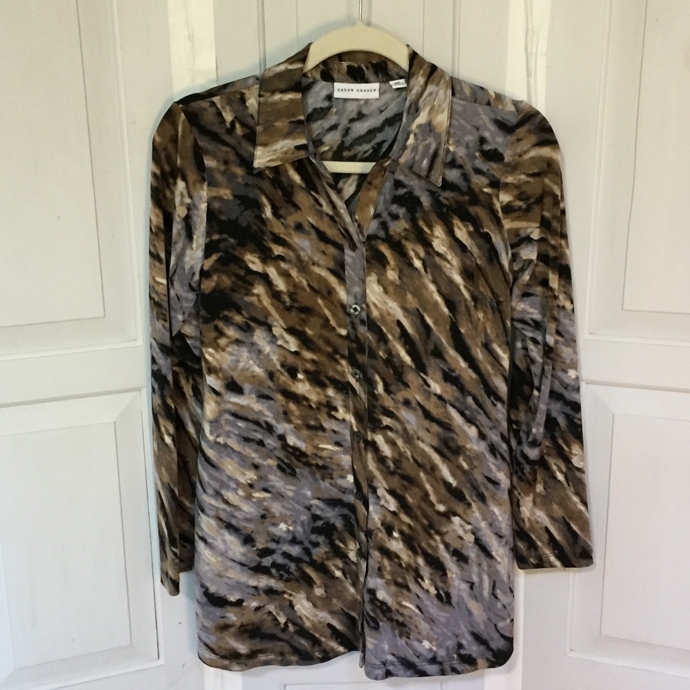 Susan Graver Brown and Black Button Down Shirt